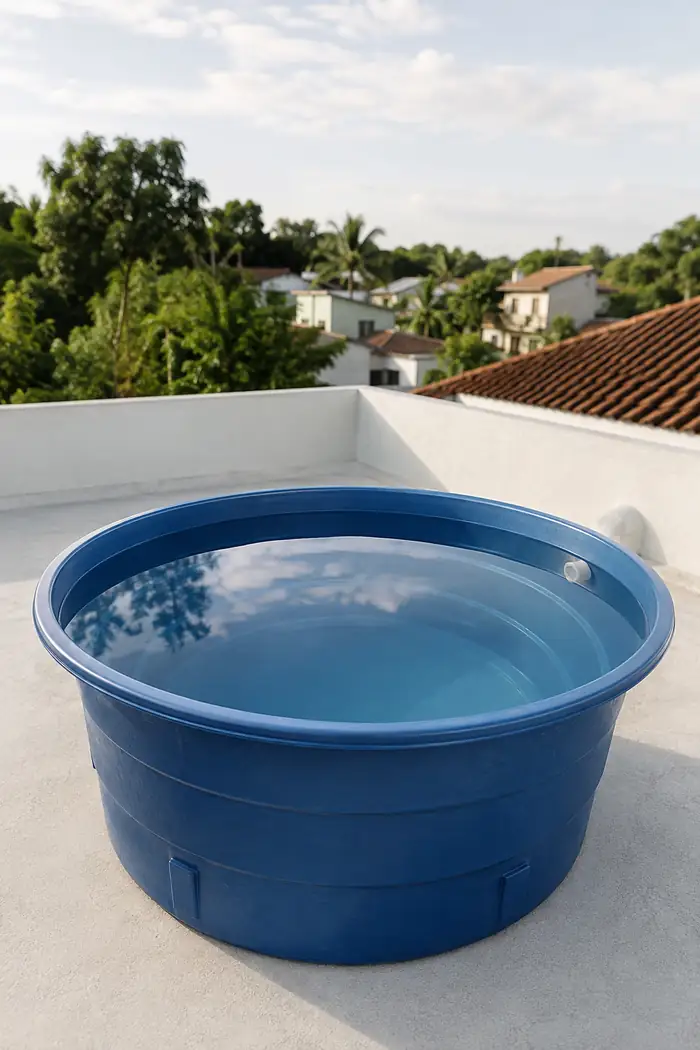 Caixa d'água doméstica com a água limpa após a higienização, sobre a laje