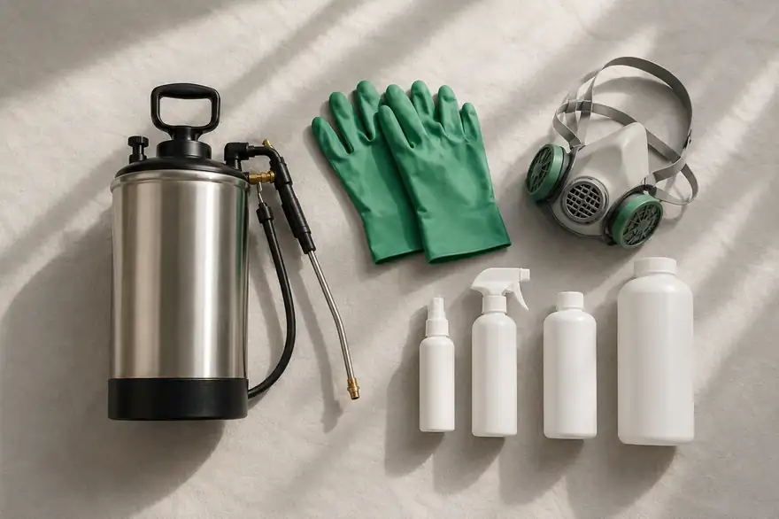 Kit profissional de dedetização organizado: pulverizador, luvas, máscara respiratória e frascos